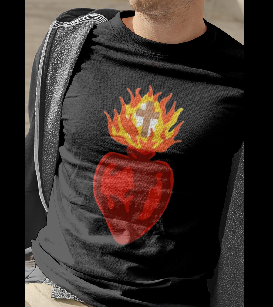 B Lake Sacred Heart Love Of God Cross Flame T-Shirt