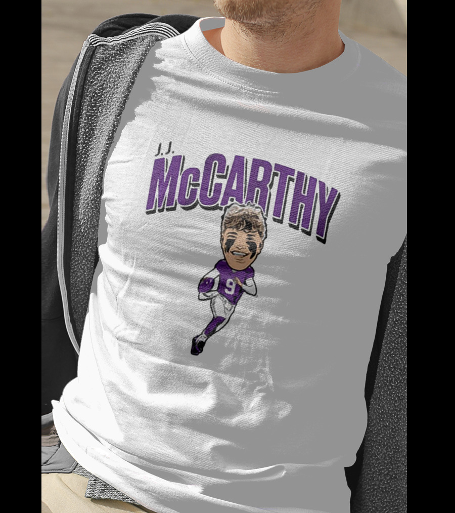 J.J. McCarthy 9 Running Quarterback Caricature T-Shirt