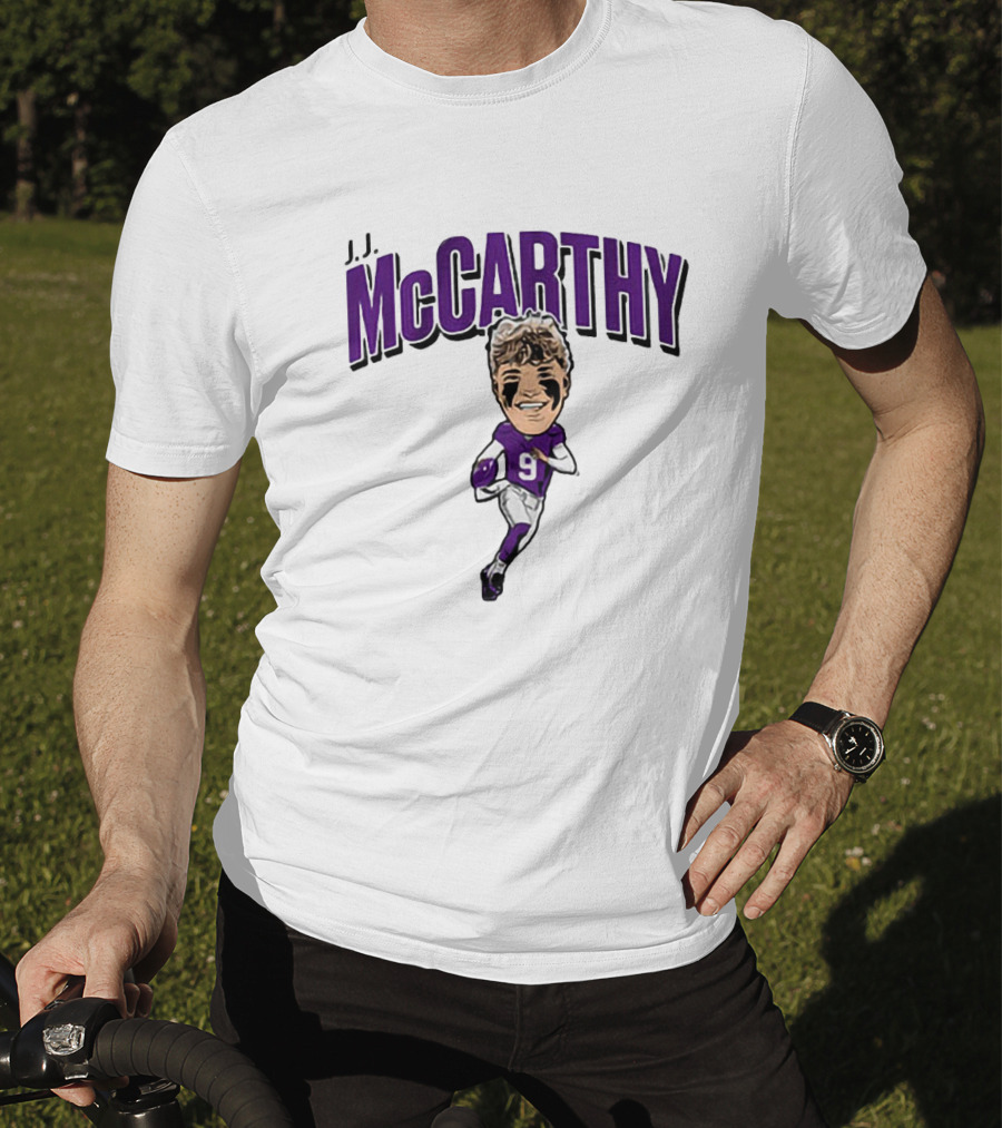 J.J. McCarthy 9 Running Quarterback Caricature T-Shirt