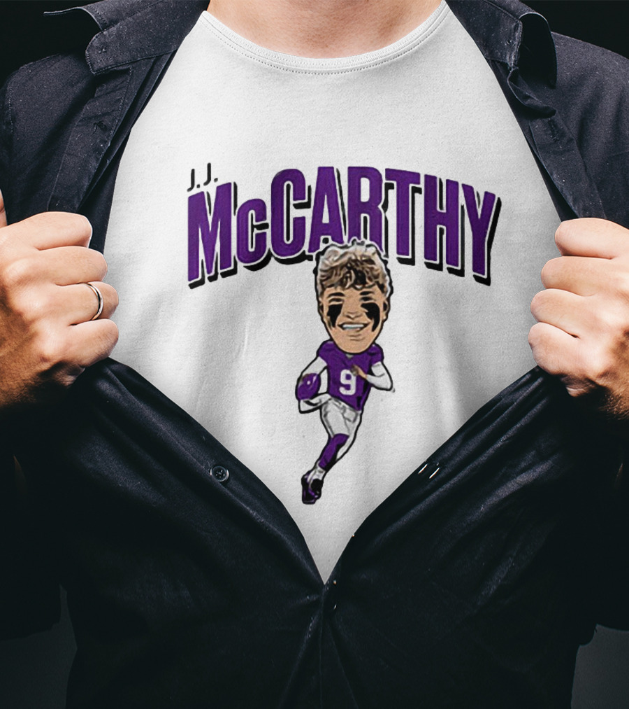 J.J. McCarthy 9 Running Quarterback Caricature T-Shirt