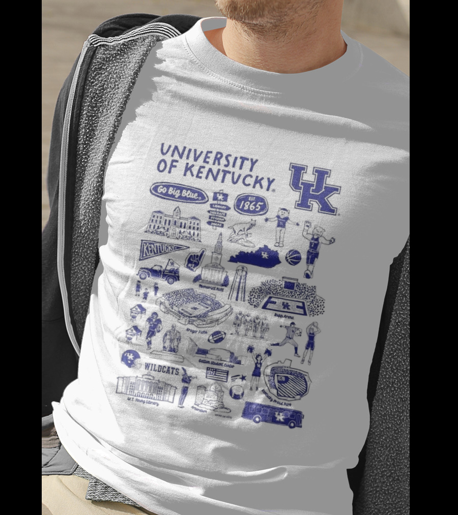 University Of Kentucky Go Big Blue Wildcats Rupp Arena Memorial Hall Kroger Field Lextran UK Basketball 1865 Established Kentucky Wildcats Vive La Fete Impressions T-Shirt