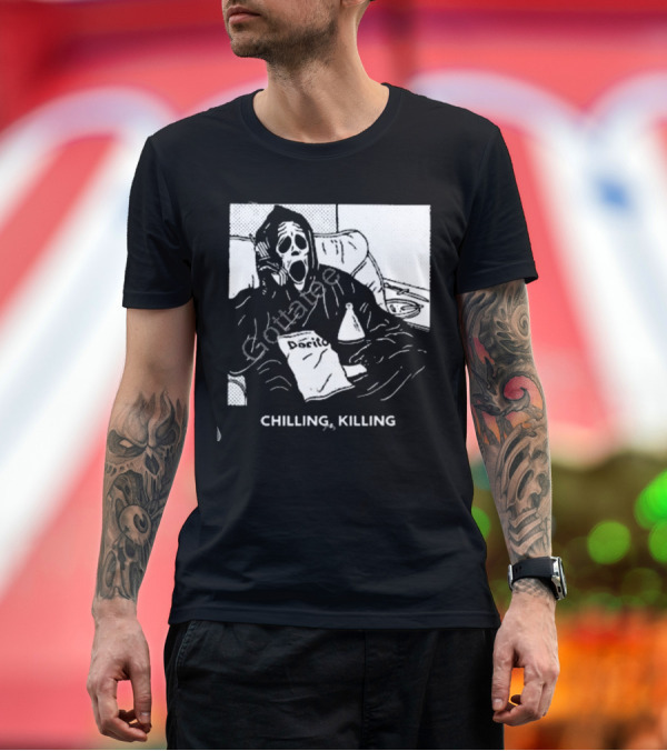 Premium T-Shirt: Ghost Chilling Killing with Dorito Snack T-Shirt Ghost Chilling Killing with Dorito Snack T-Shirt