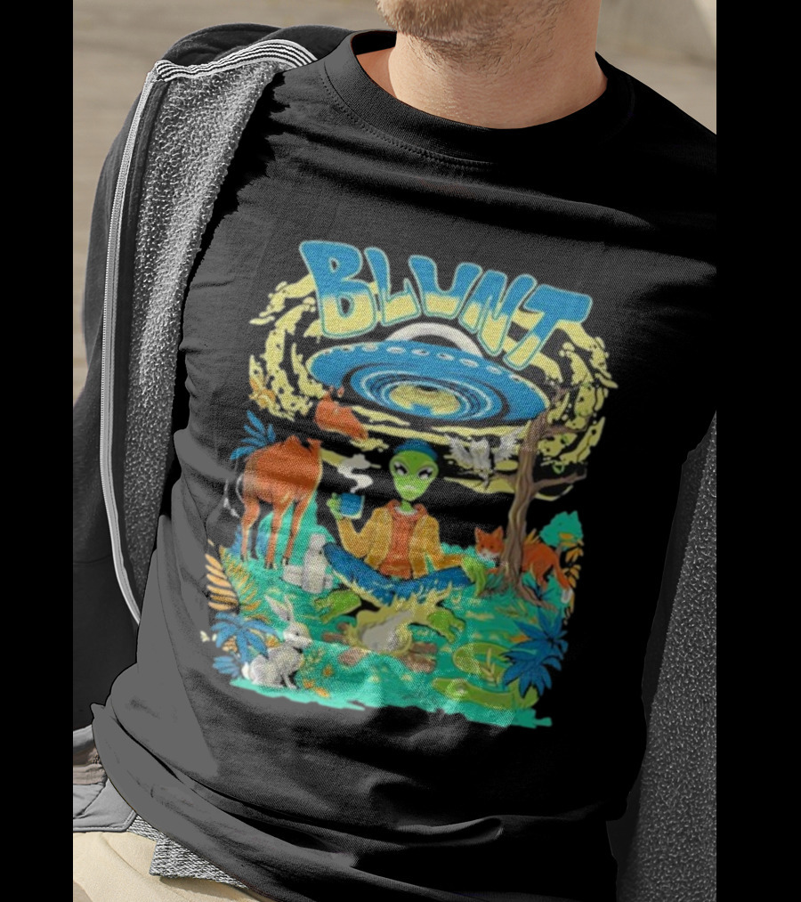 Blunt UFO Alien Smoking Forest Scene T-Shirt