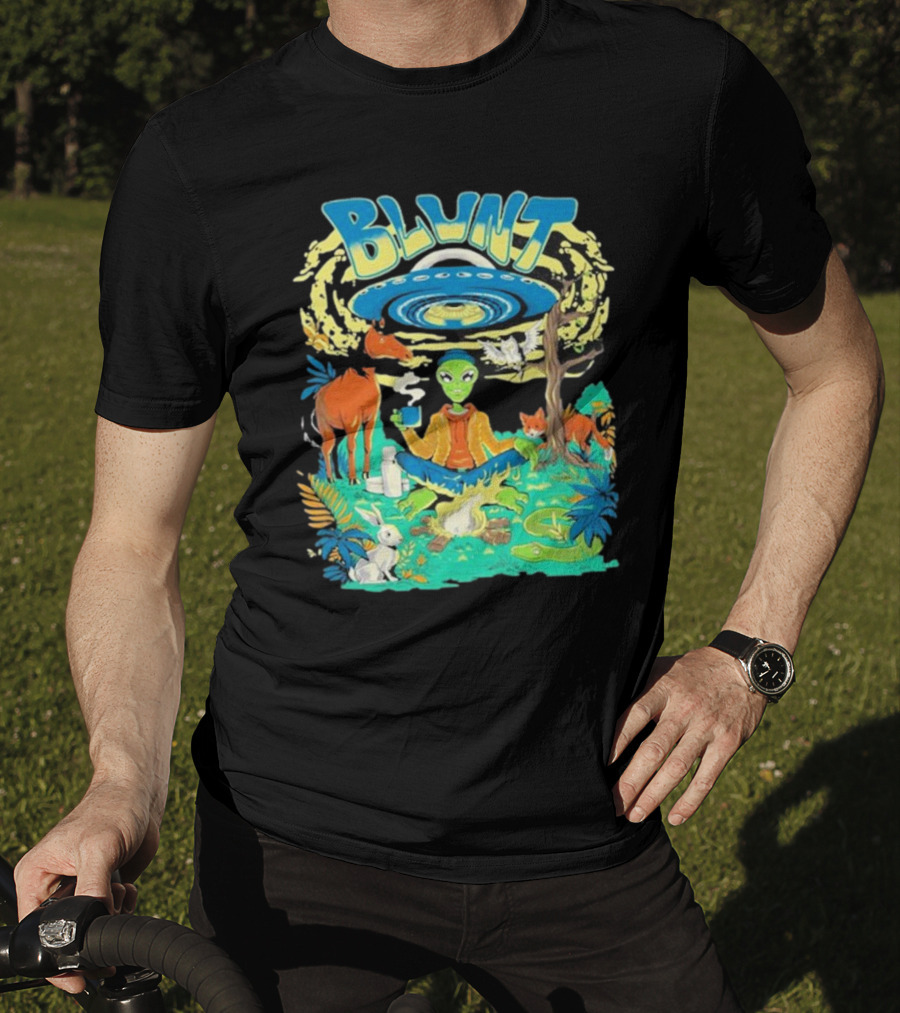 Blunt UFO Alien Smoking Forest Scene T-Shirt