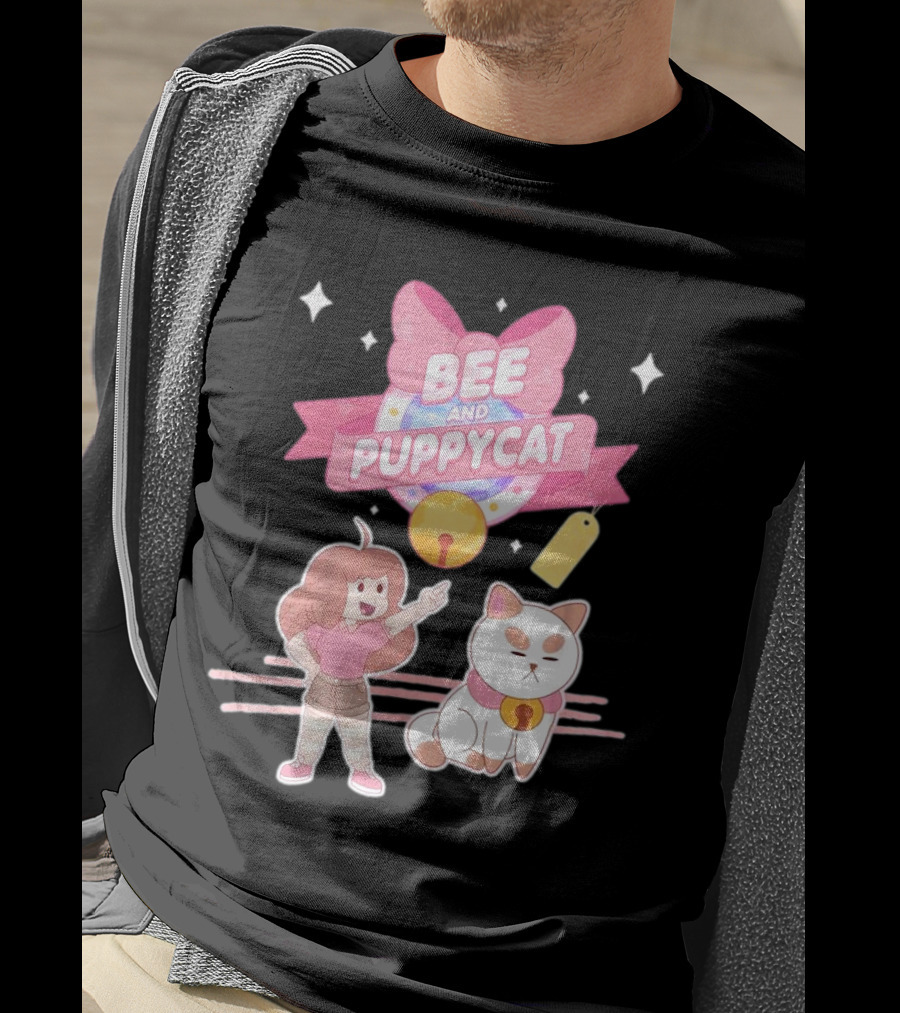 Bee And PuppyCat Cute Cartoon Characters With Pink Bow And Stars T-Shirt