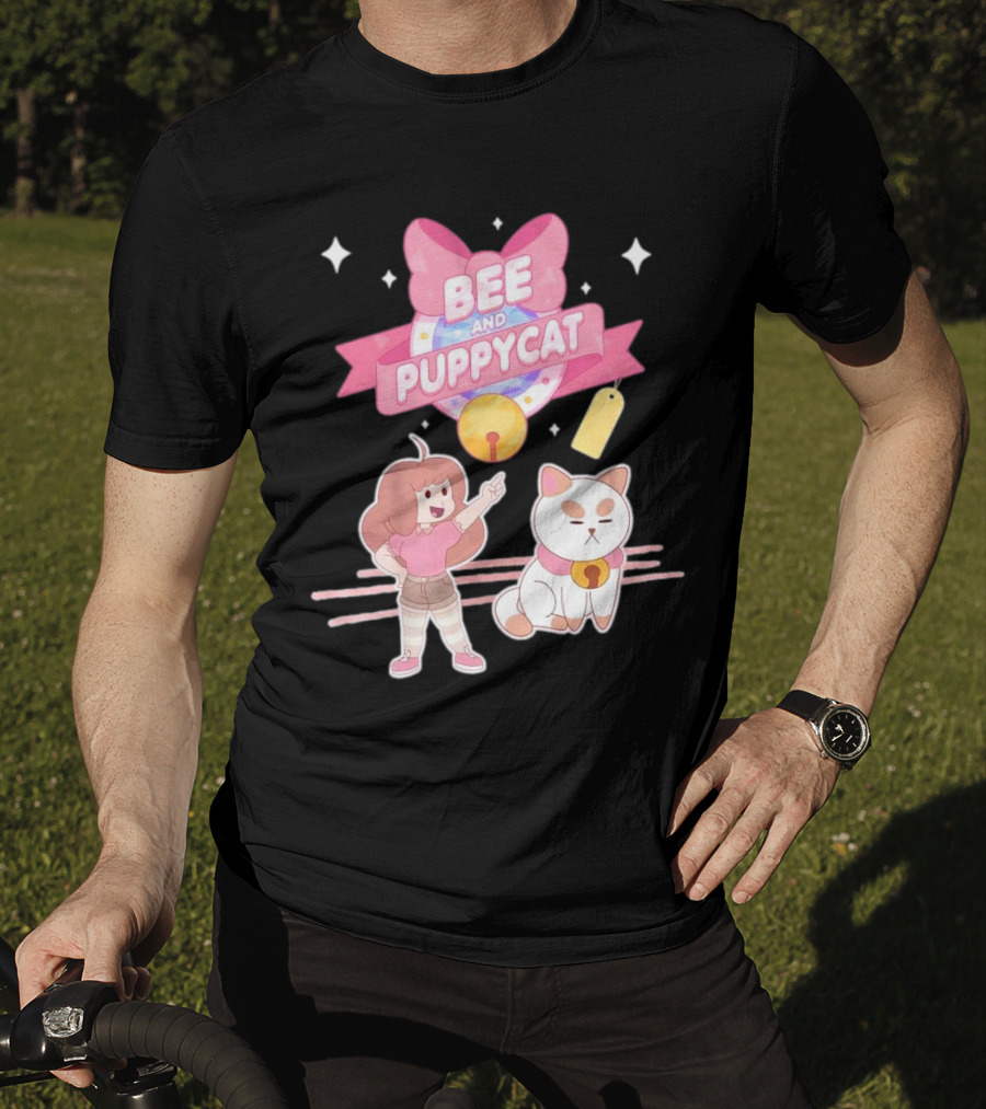 Bee And PuppyCat Cute Cartoon Characters With Pink Bow And Stars T-Shirt