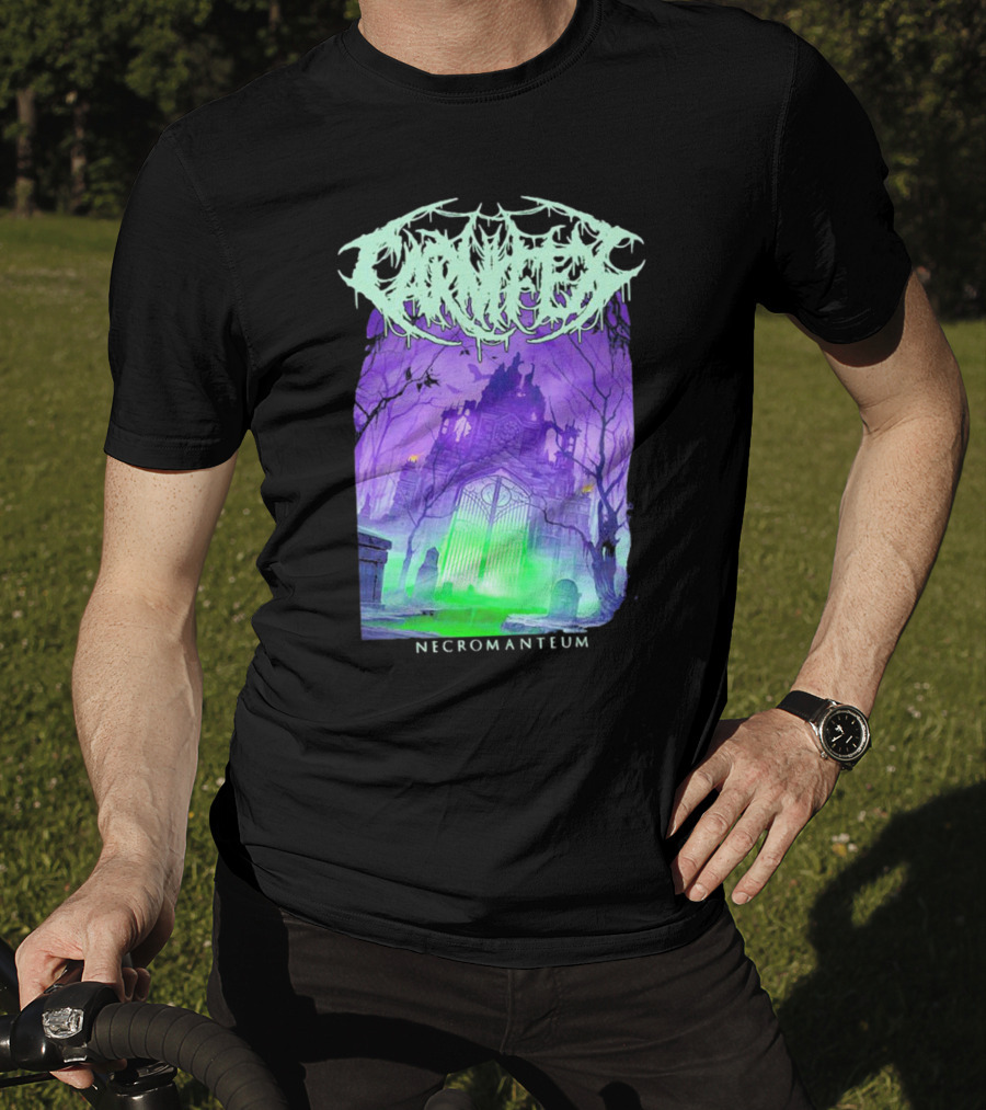 Carnifex Necromanteum Haunted Gothic Castle With Glowing Green And Purple Portal T-Shirt