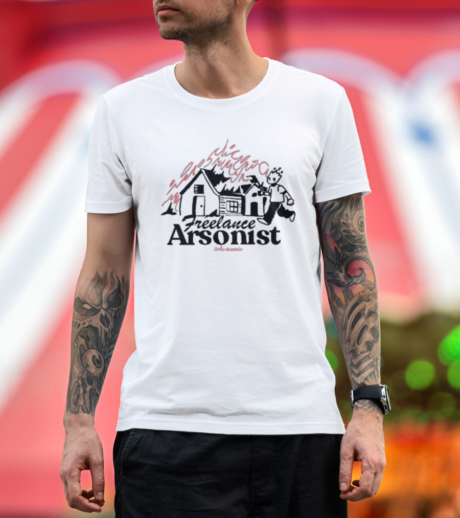 Freelance Arsonist Sobsannix Cartoon Running With Burning House T-Shirt