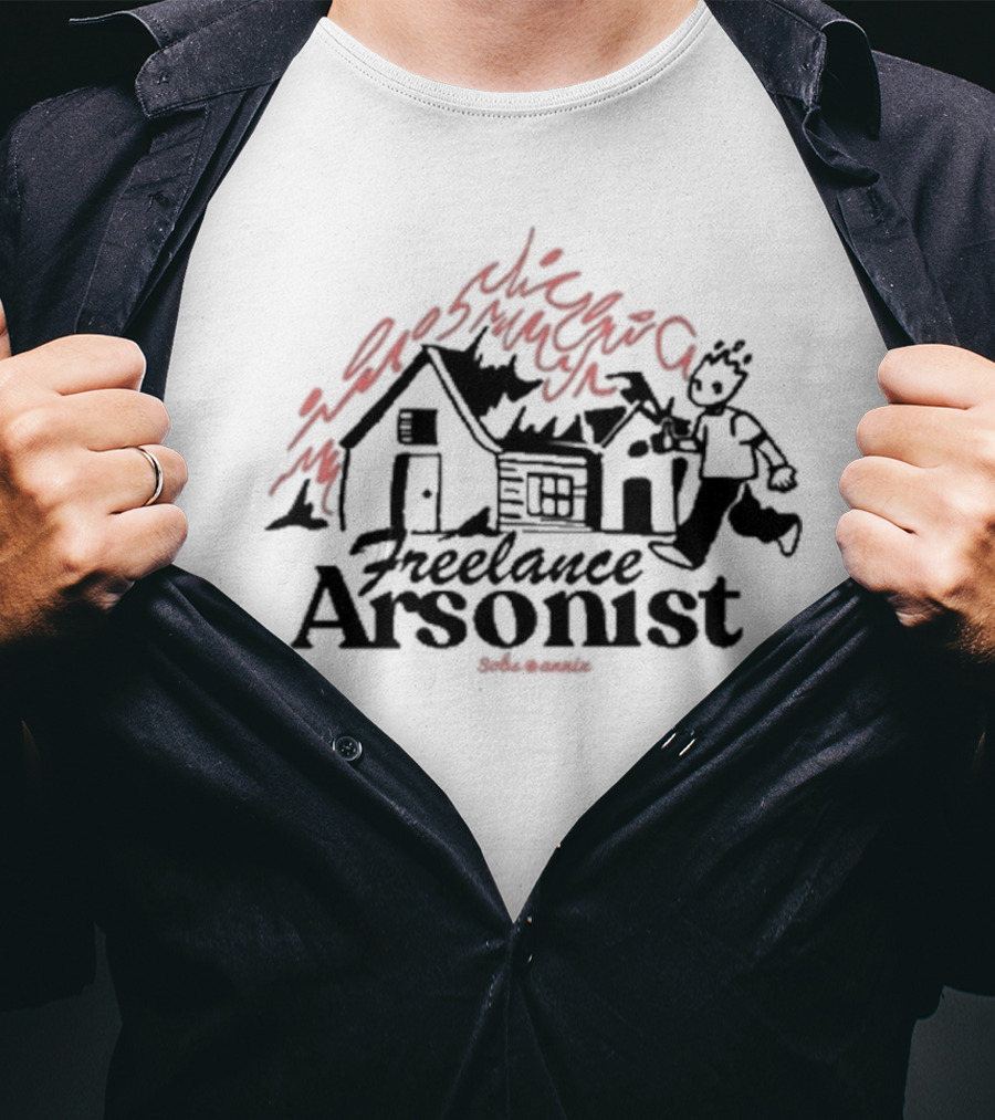 Freelance Arsonist Sobsannix Cartoon Running With Burning House T-Shirt