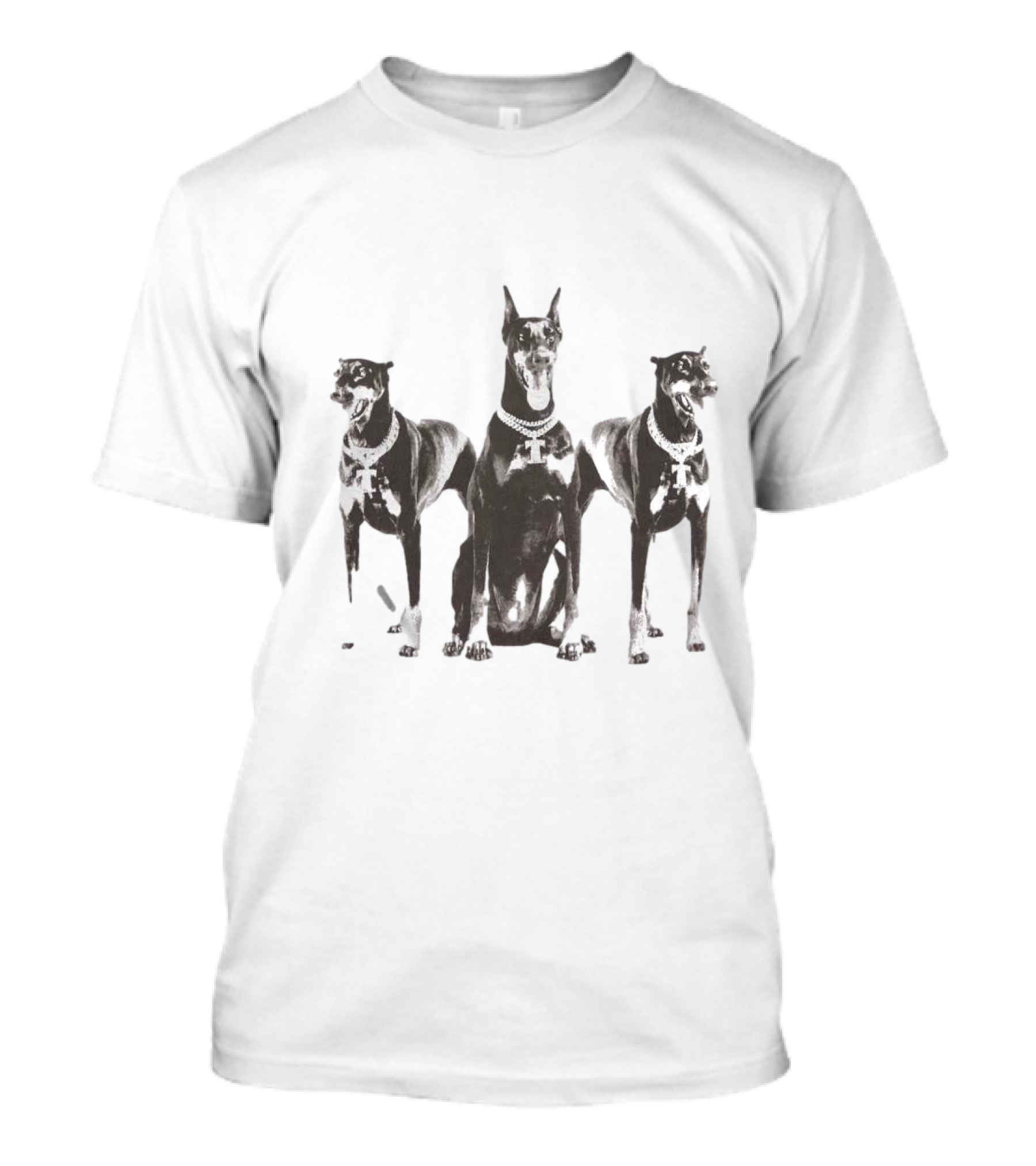 Doberman Dogs Trio In Black And White With Chain Collars T-Shirt