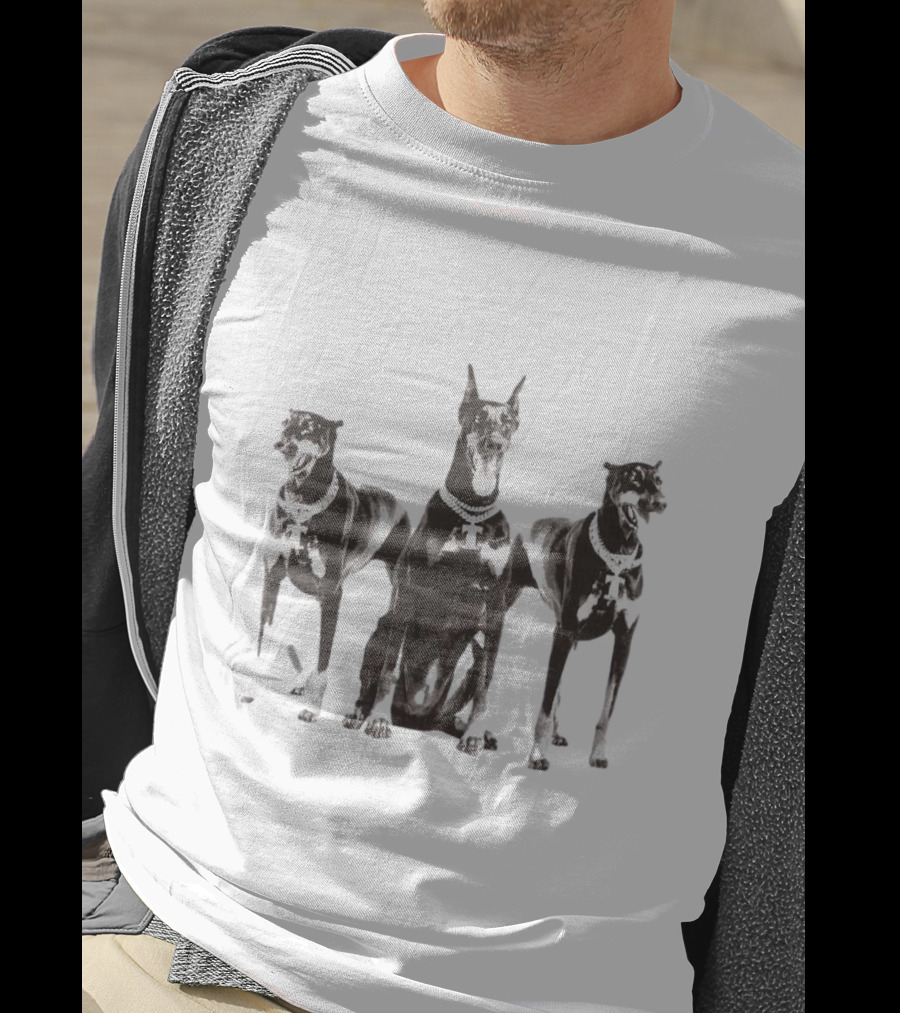 Doberman Dogs Trio In Black And White With Chain Collars T-Shirt
