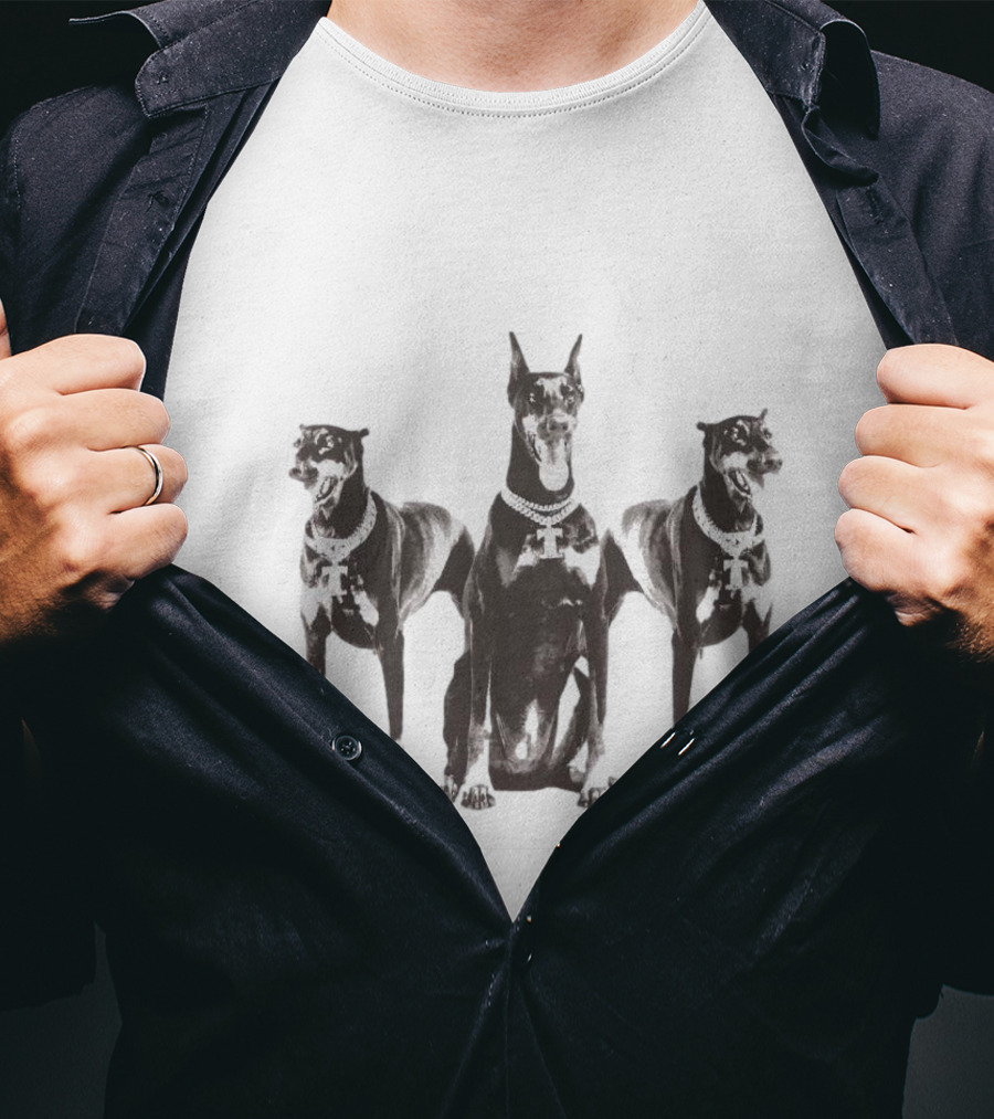 Doberman Dogs Trio In Black And White With Chain Collars T-Shirt