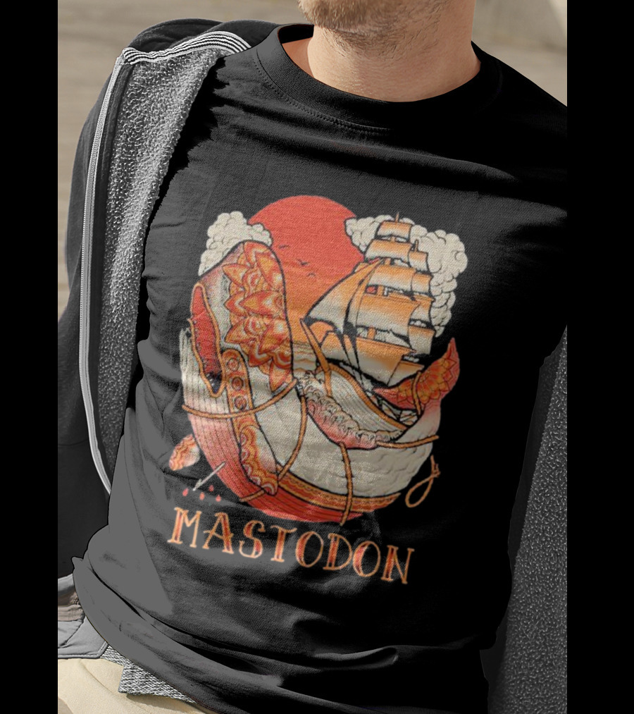 Mastodon Whale Tattoo Ship Against Red Sun T-Shirt