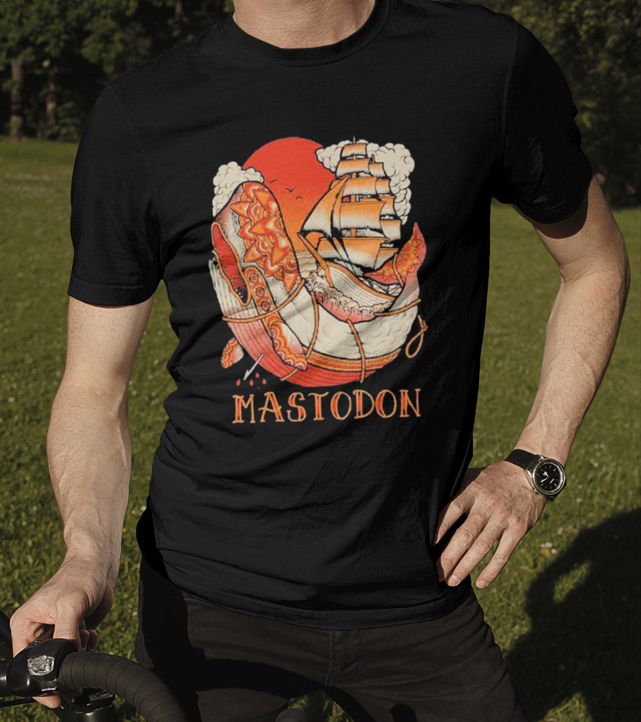Mastodon Whale Tattoo Ship Against Red Sun T-Shirt