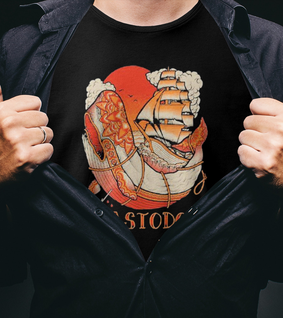 Mastodon Whale Tattoo Ship Against Red Sun T-Shirt