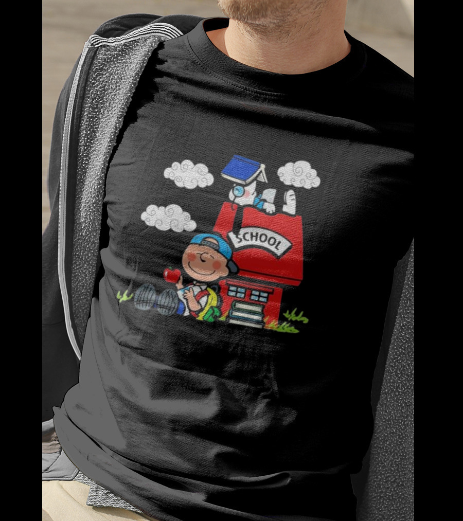 Snoopy School House With Backpack Apple And Clouds T-Shirt