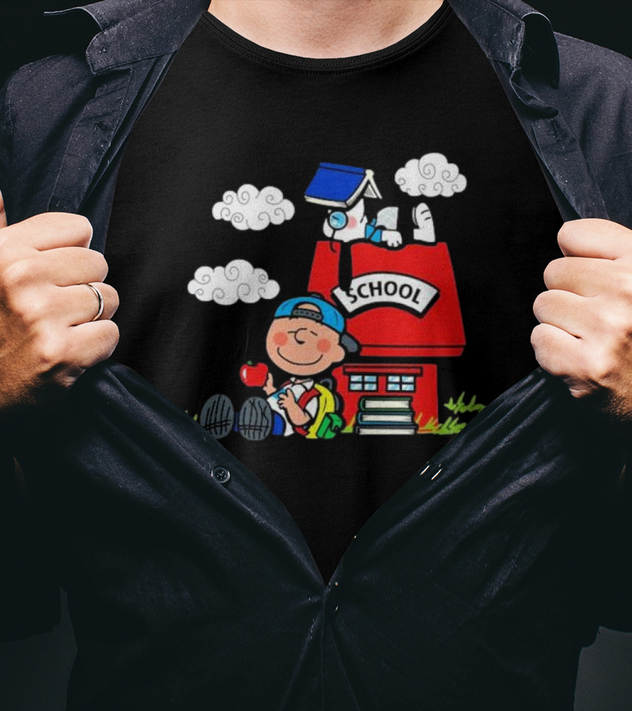 Snoopy School House With Backpack Apple And Clouds T-Shirt