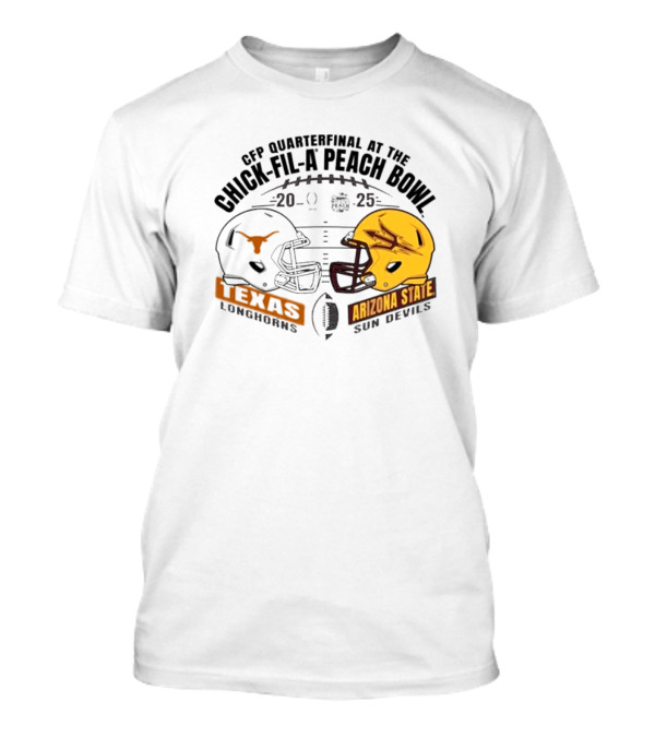 Texas Longhorns Vs Arizona State Sun Devils 2025 CFP Quarterfinal At Chick-Fil-A Peach Bowl Helmet Matchup T-Shirt