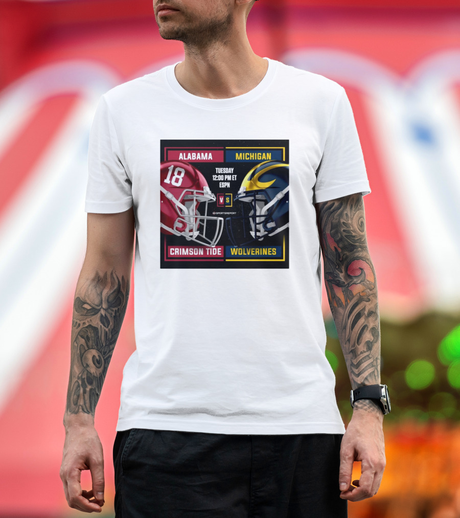 Alabama Crimson Tide vs Michigan Wolverines Tuesday 12:00 PM ET ESPN Helmet Matchup T-Shirt