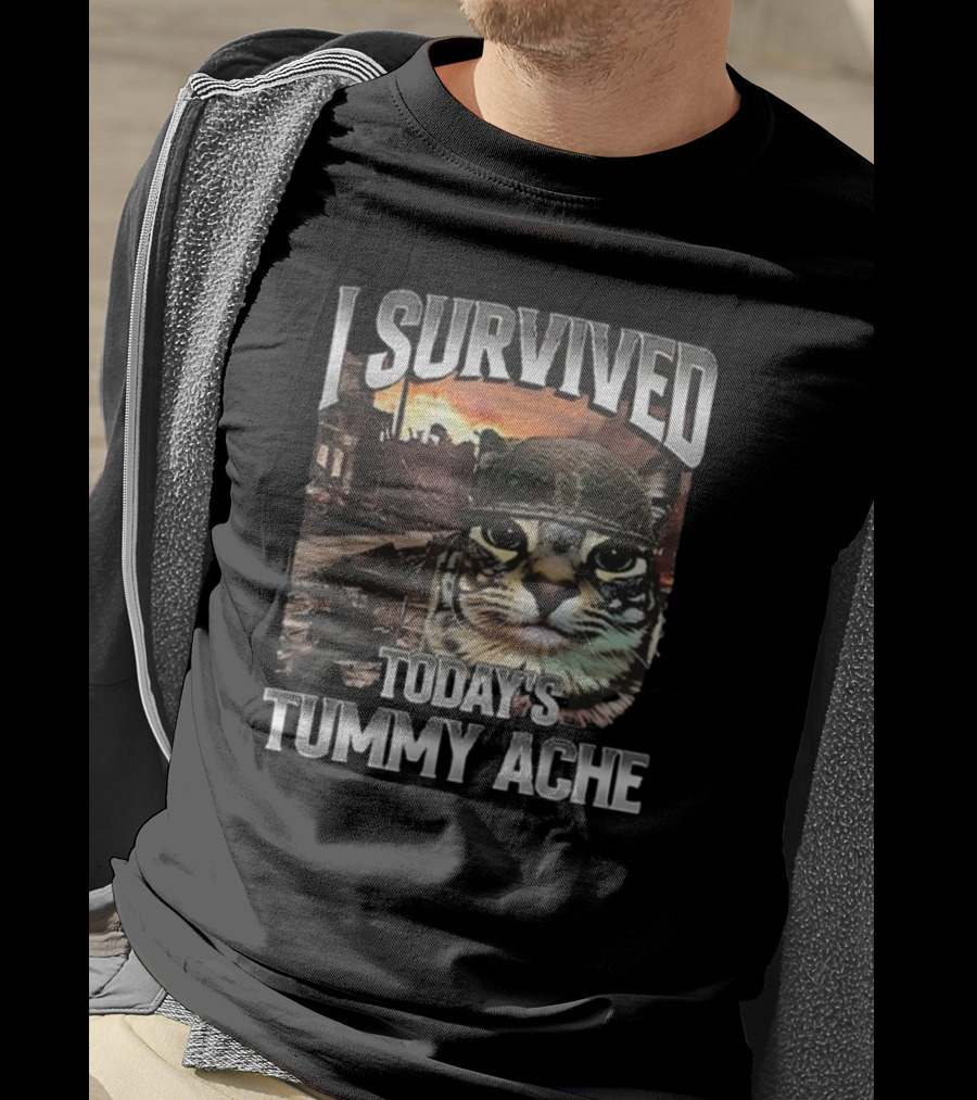 I Survived Today’s Tummy Ache Cat In Soldier Helmet With Warzone Background T-Shirt