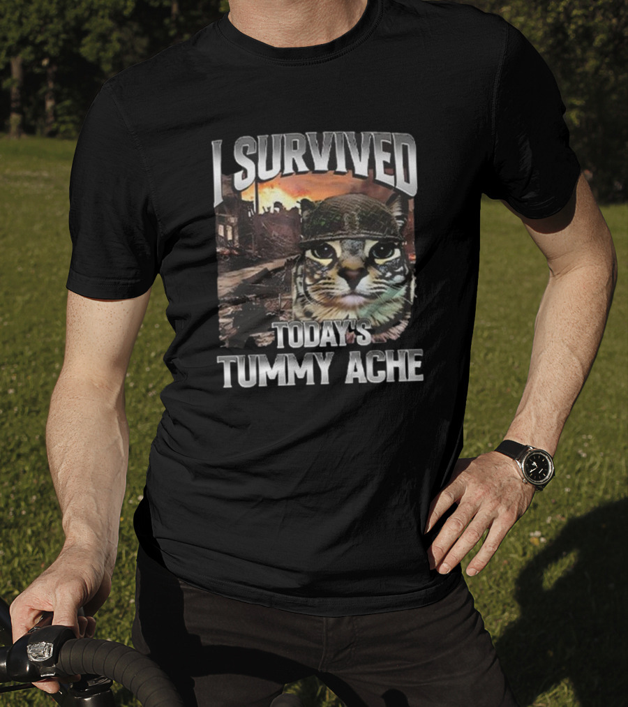 I Survived Today’s Tummy Ache Cat In Soldier Helmet With Warzone Background T-Shirt