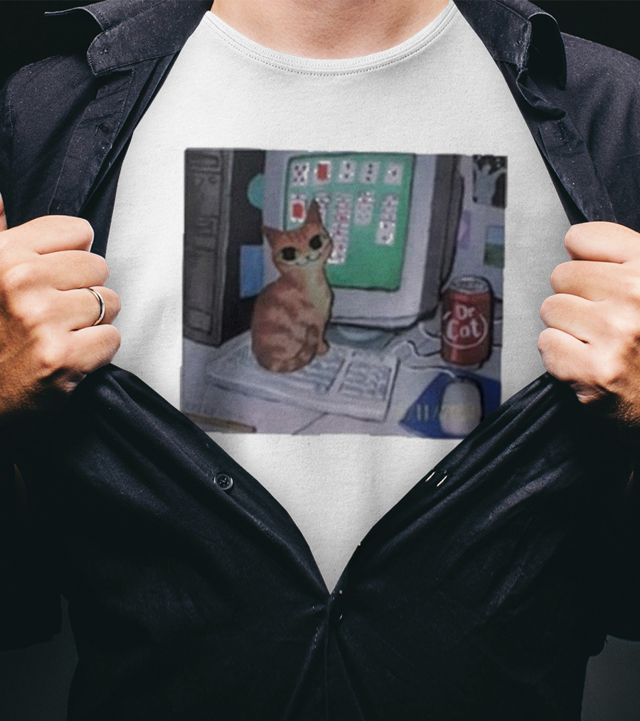 Solitaire Cat Drinking Dr Cat Next To Computer T-Shirt