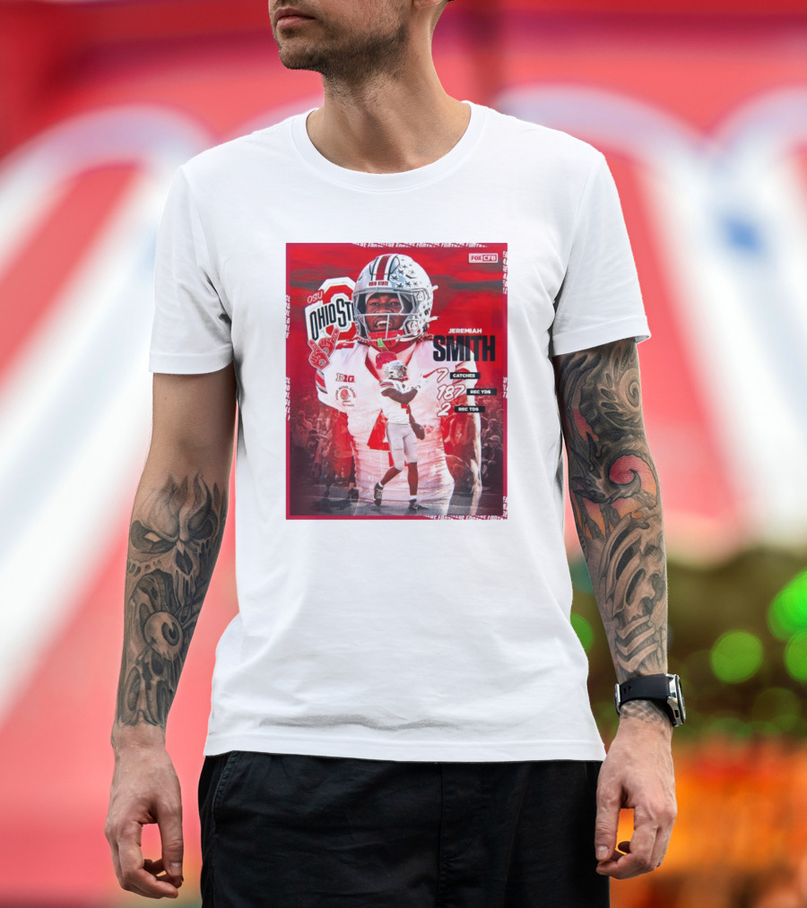 Jeremiah Smith Ohio State Buckeyes CFP Quarterfinals 7 Catches 187 Rec YDs 2 Rec TDs Fox CFB OhioST OSU Big Ten T-Shirt