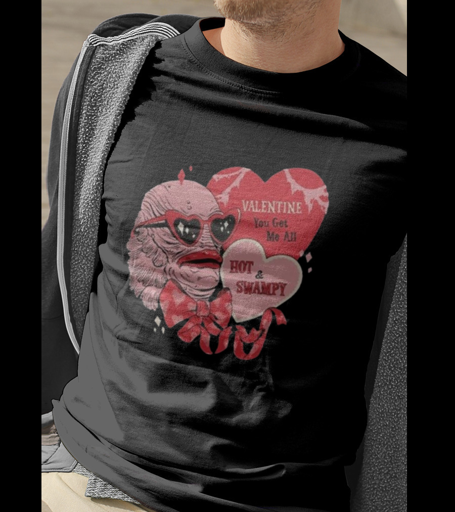 Valentine You Get Me All Hot And Swampy Creature With Heart Sunglasses And Bow Tie T-Shirt