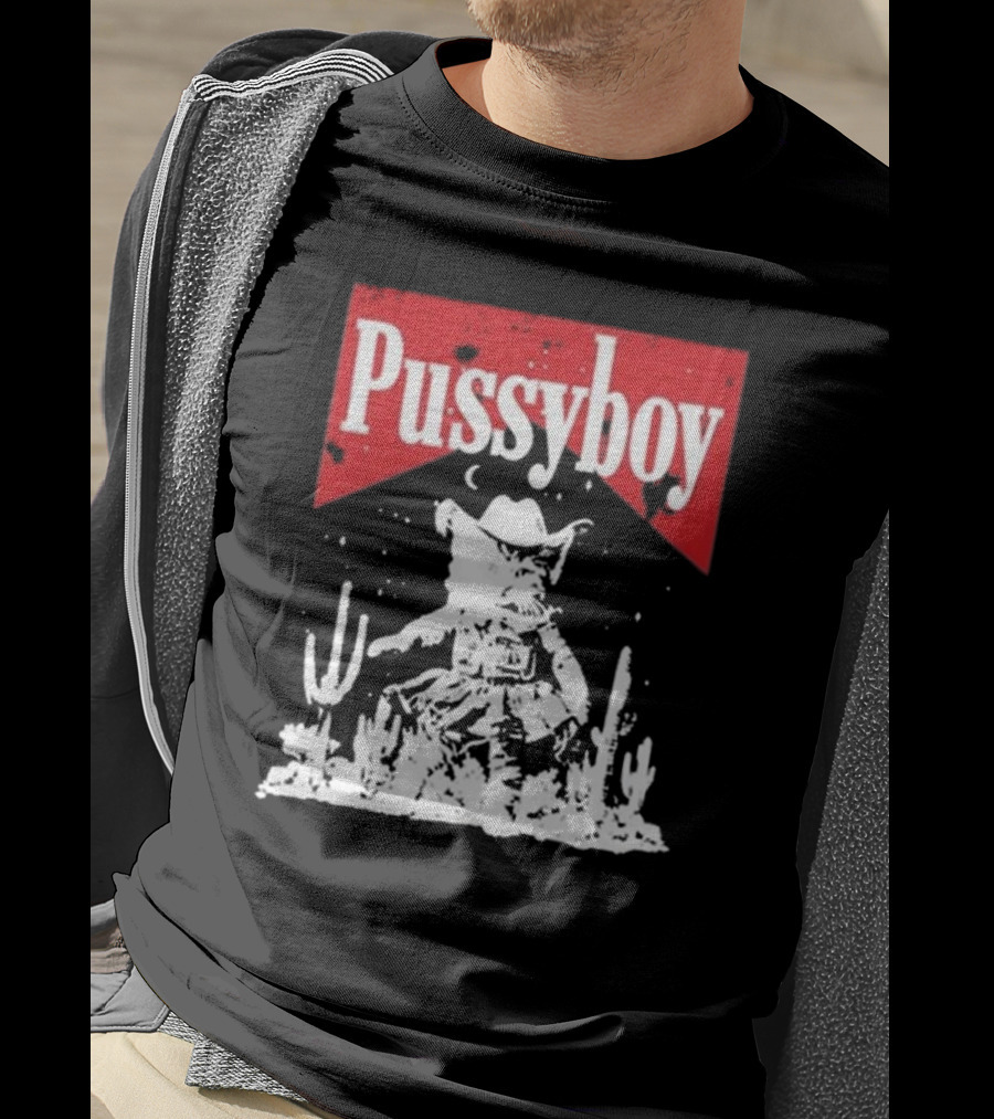 Ezramichelmusic Pussyboy Western Cat Cactus Night Scene T-Shirt