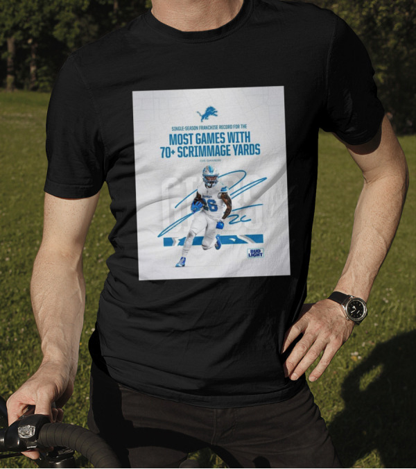 Single-Season Franchise Record Most Games With 70+ Scrimmage Yards Lions Jahmyr Gibbs Signature Bud Light T-Shirt