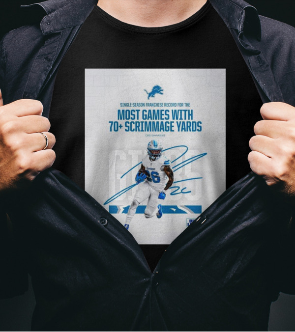 Single-Season Franchise Record Most Games With 70+ Scrimmage Yards Lions Jahmyr Gibbs Signature Bud Light T-Shirt