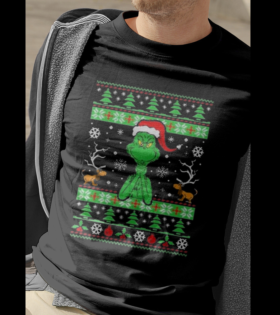 Grinch Santa Max Reindeer Trees Snowflakes Ugly Christmas T-Shirt