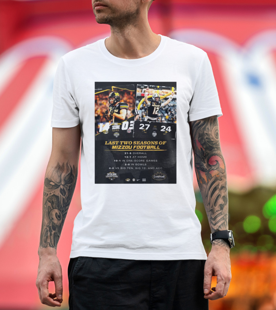 Missouri Tigers 4-0 Against Big Ten Big 12 and ACC Last Two Seasons of Mizzou Football Champions 21-5 Overall 2-0 in Bowls T-Shirt