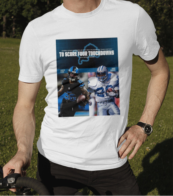 Detroit Lions Jahmyr Gibbs Joins Barry Sanders To Score Four Touchdowns In A Single Game T-Shirt