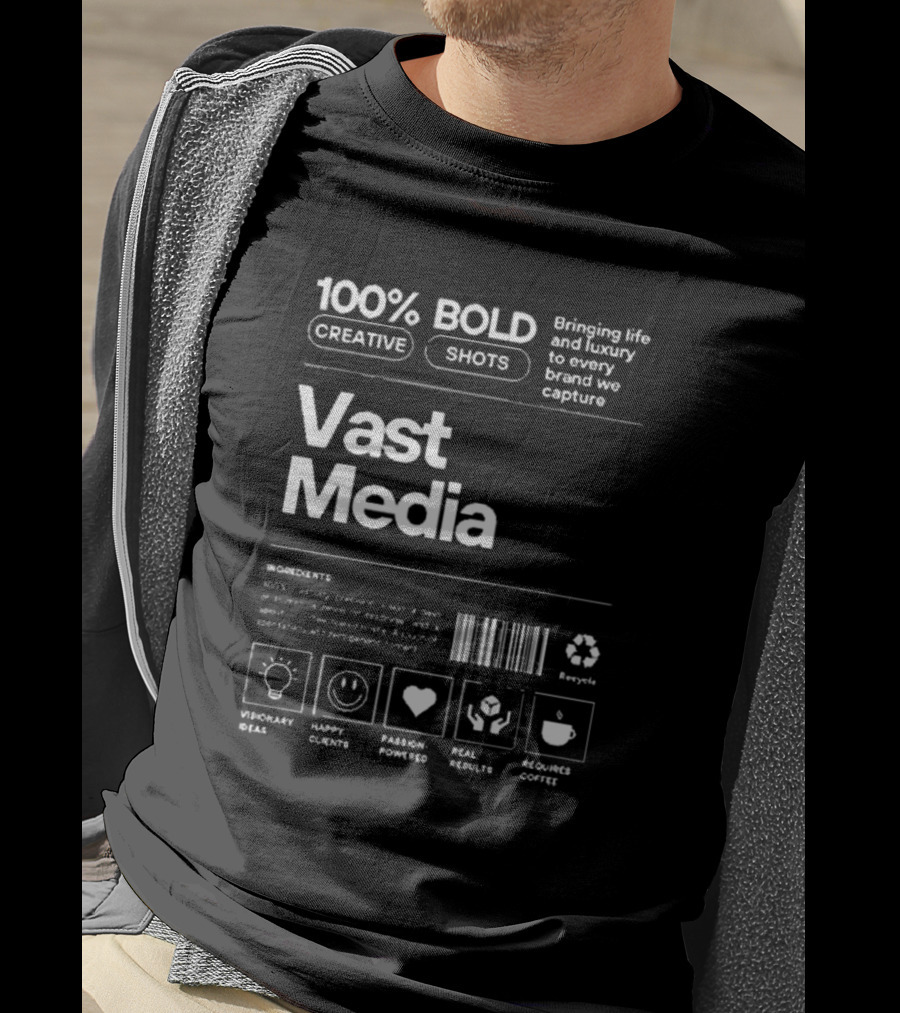 100% Bold Creative Shots Bringing Life And Luxury To Every Brand We Capture Vast Media Visionary Ideas Happy Clients Passion-Powered Real Results Requires Coffee T-Shirt