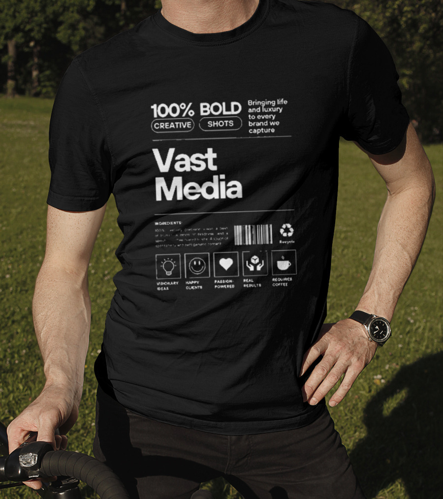 100% Bold Creative Shots Bringing Life And Luxury To Every Brand We Capture Vast Media Visionary Ideas Happy Clients Passion-Powered Real Results Requires Coffee T-Shirt