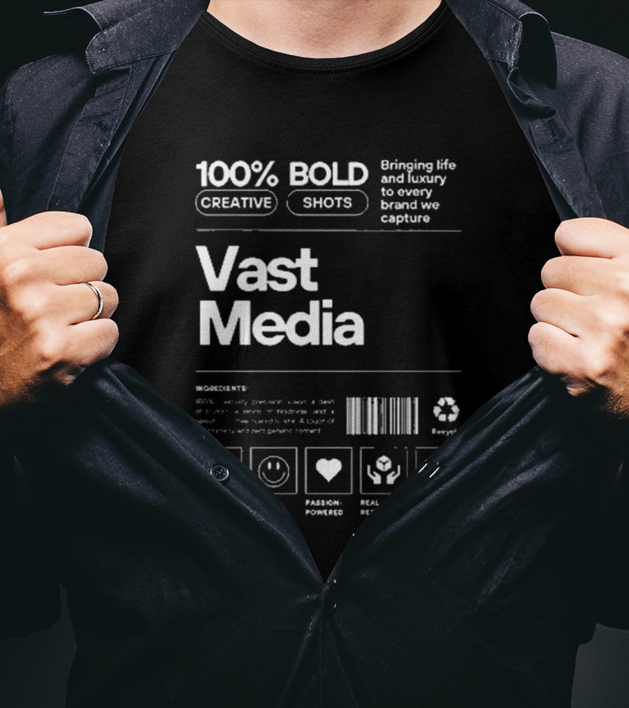 100% Bold Creative Shots Bringing Life And Luxury To Every Brand We Capture Vast Media Visionary Ideas Happy Clients Passion-Powered Real Results Requires Coffee T-Shirt