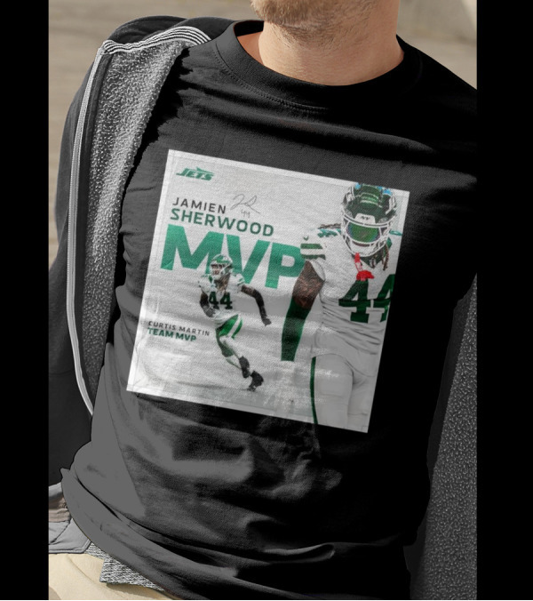 Jamien Sherwood New York Jets 2024 Curtis Martin Team MVP Signature 44 T-Shirt