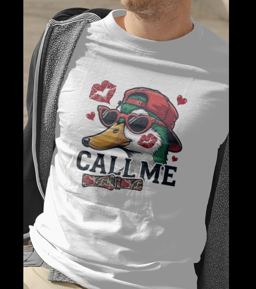 Call Me Valentine Mallard Duck In Sunglasses And Red Cap Surrounded By Hearts And Kisses T-Shirt