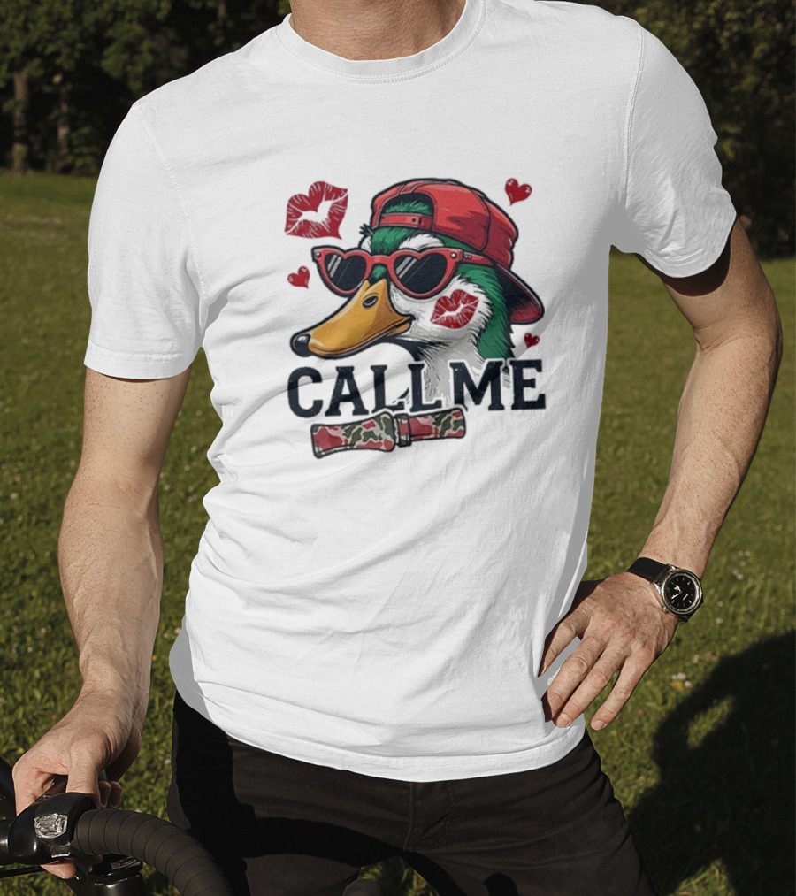 Call Me Valentine Mallard Duck In Sunglasses And Red Cap Surrounded By Hearts And Kisses T-Shirt