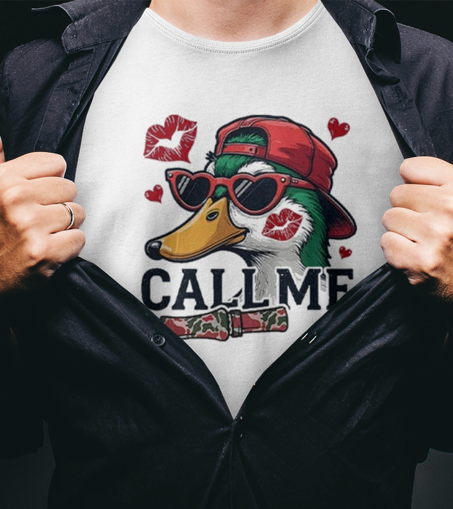 Call Me Valentine Mallard Duck In Sunglasses And Red Cap Surrounded By Hearts And Kisses T-Shirt