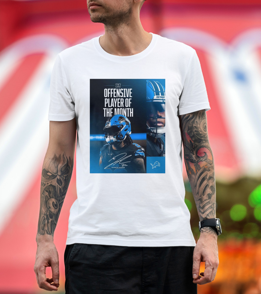 Detroit Lions Jahmyr Gibbs Offensive Player Of The Month Signature T-Shirt
