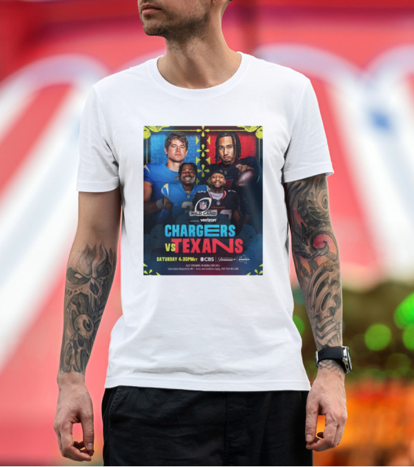 Premium T-Shirt: Verizon NFL Wild Card Chargers vs Texans Saturday 4:30 PM CBS Stream Paramount Plus T-Shirt Verizon NFL Wild Card Chargers vs Texans Saturday 4:30 PM CBS Stream Paramount Plus T-Shirt