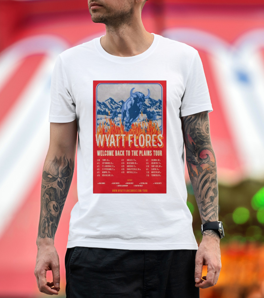 Wyatt Flores Welcome Back To The Plains Tour 2025 Blue Bull in Fiery Landscape with Tour Dates and Locations T-Shirt