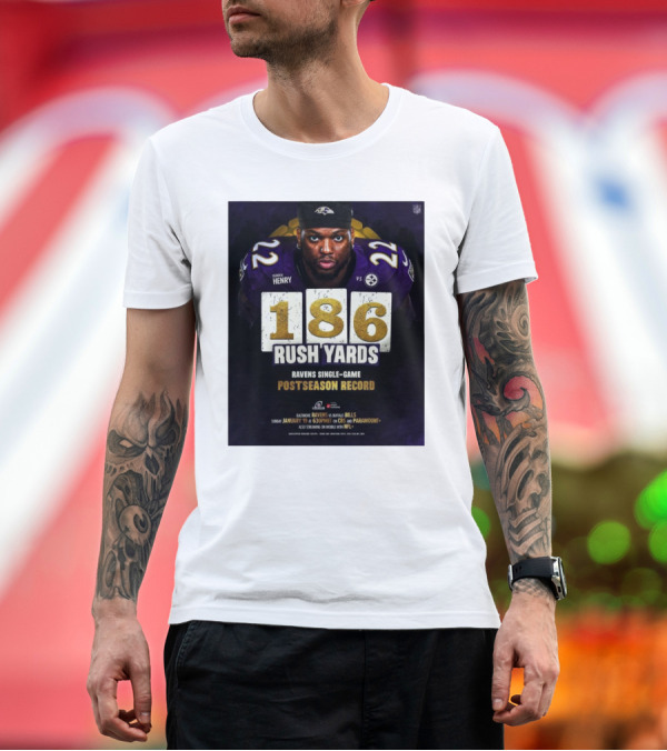 Premium T-Shirt: Derrick Henry Jr. 186 Rush Yards Ravens Single-Game Postseason Record Vs Steelers T-Shirt Derrick Henry Jr. 186 Rush Yards Ravens Single-Game Postseason Record Vs Steelers T-Shirt