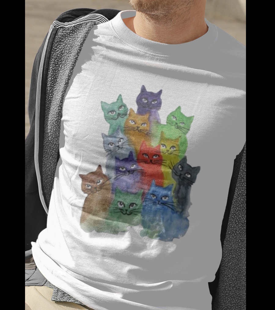 Cats All Around Colorful Watercolor Feline Faces T-Shirt