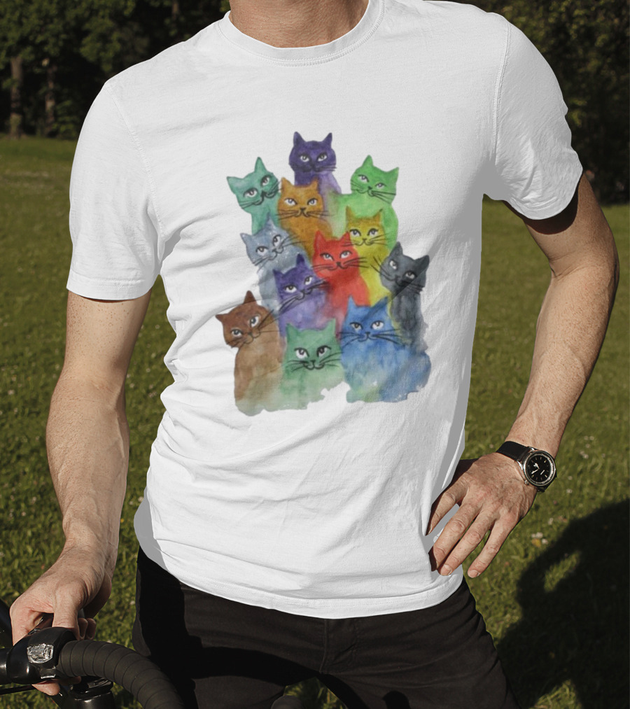 Cats All Around Colorful Watercolor Feline Faces T-Shirt
