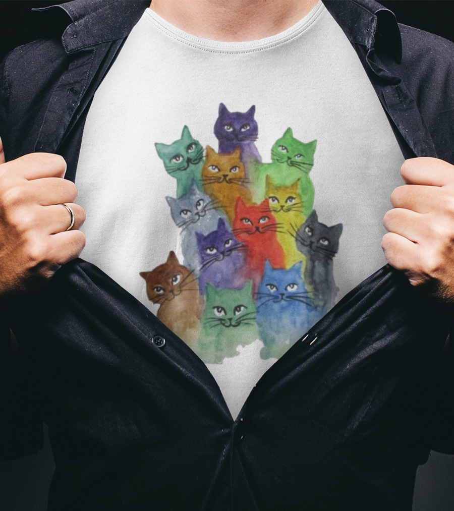 Cats All Around Colorful Watercolor Feline Faces T-Shirt