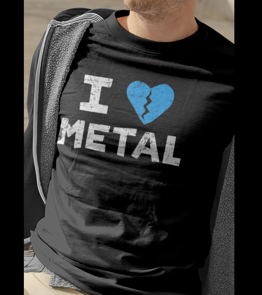 I Love Metal Broken Heart Blue Distressed Text T-Shirt