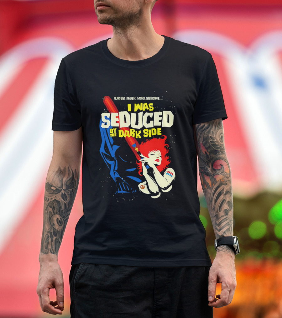 I Was Seduced by the Dark Side Cartoon Darth Vader and Redhead Woman T-Shirt